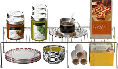 Kitchen Cabinet Expandable Shelf Organizers Set of 6, Adjustable Metal Wire Pantry Storage Shelves, Plate Dish Organizer Rack for Cabinets, Cupboard, Counter, Freezer, Countertop, Chrome