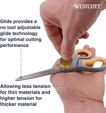 Westcott 8-Inch Titanium-Bonded Scissors with Adjustable Glide Feature for Office and Home - Gray/Yellow, 2-Pack