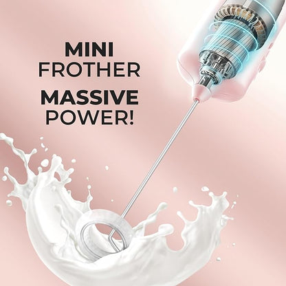 Mini & Mighty Milk Frother Wand – Powerful Handheld Coffee Frother, Battery Operated Drink Mixer – Compact Pocket Size – Detachable Whisk for Latte, Cappuccino, Matcha, Hot Chocolate – Pink Salt
