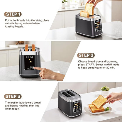 Mecity 2 Slice Toaster with Touch Screen & Auto Lift, Stainless Steel Cool-Touch Toaster with 8 Bread Settings, 5 Shade Levels, 1200W High Power, Keep Warm & Reheat Function, Metallic Grey, 120V