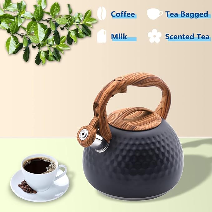 Tea Kettle Stovetop, 3.2 Qt Stainless Steel Whistling Kettle for Stove Top, Food Grade Teapot with Wood Pattern Handle for Coffee, Milk etc, Gas Electric Applicable (Black)
