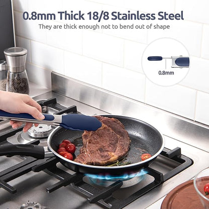600ºF Heat Resistant Kitchen Tongs: U-Taste 9 in Silicone Cooking Tong with Firm Sealed Non Stick Rubber Tips & Silicon Coated 18/8 Stainless Steel Handle & Smooth Lock for Serving Grill-Midnight Blue