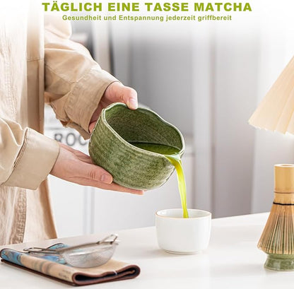 Matcha Set 7-Piece Tea Set with Brush, Bowl, Whisk, Strainer, Chasen, for Matcha Tea Ceremony (Matcha Green)