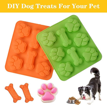 2 Pack Puppy Dog Paw and Bone Shaped 2 in 1 Silicone Molds, Reusable Non-Stick Ice Cube Trays & Candy Chocolate Molds for Homemade Dog Treats, Pudding & Baking Biscuit (Green Orange)