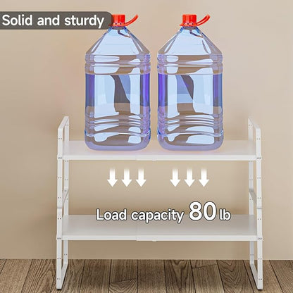 16.5-27’’L Expandable Kitchen Shelf Organizer, Stackable Shelves Organizer, Adjustable Height Pantry Spice Rack for Cabinet, Countertop, Pantry and Cupboard, White