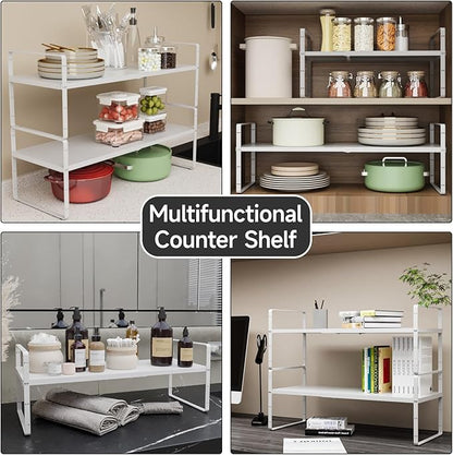 2Pack 16.5-27’’L Expandable Kitchen Shelf Organizer, Stackable Shelves Organizer, Adjustable Height Pantry Spice Rack for Cabinet, Countertop, Pantry and Cupboard, White