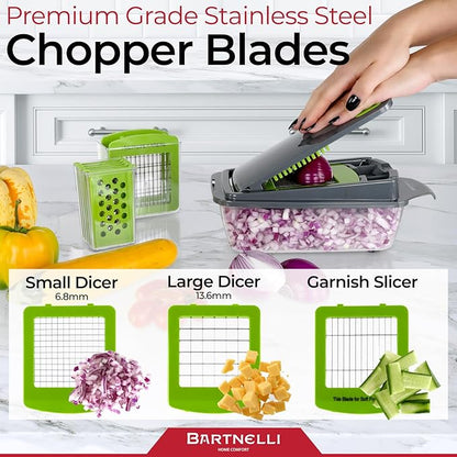 Bartnelli Vegetable Chopper Food Slicer Pro | 15 Pc MultiFuctional Kitchen Gadgets for Onion, Veggie, Cheese Grater, Vegetables Cutter With Large Container, Easy to Clean, With Bonus Brush and Fork