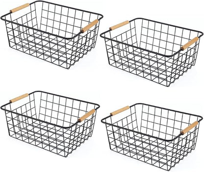 Wire Basket 4 Pcs Wire Storage Baskets Wire Baskets Organizing with Wooden Handles Wire Basket Pantry Organization and Storage Metal Wire Food Storage Basket for Kitchen, Cabinets (Black 4PCS)
