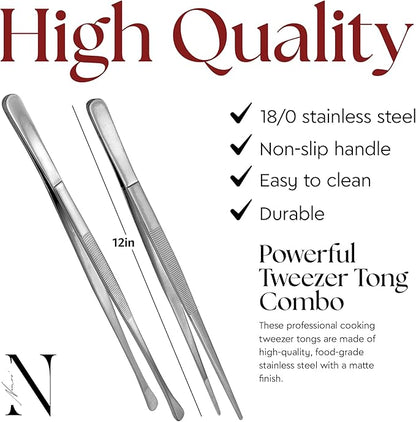 Namre' Tweezer Tongs for Cooking -Plating - 2 Pack Stainless Steel Cooking Tongs - Thin Chopstick Precise & Strong Chef Tweezers for Food & Small Objects - 12 Inch - (Silver)