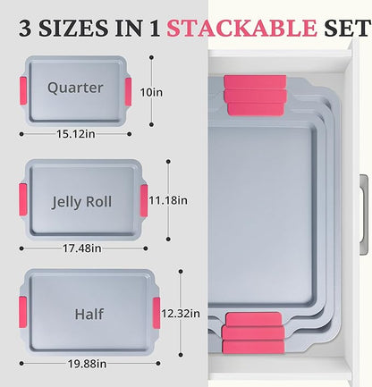 BRONYPRO Non Stick Ceramic Baking Sheet Pan Set of 3, Natural Non Toxic Cookie Sheets for Baking - PFOA, PTFE Free, Aluminized Steel Oven Trays for Cooking with Silicone Handles, Rose Red