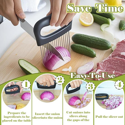 FANTEXY Onion Holder for Slicing - Onion Slicer and Meat Tenderizer Extra Large 16-Prong Stainless Steel, Vegetable Chopper for Potatoes, Tomatoes Slicer Assistant Tool for Lemons,Avocados,Carrot