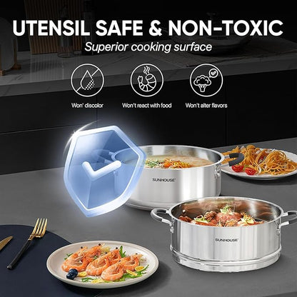 SUNHOUSE - 4.6 Quart Steamer Pots With Lid 2-Tier Multipurpose Stainless Steel Steaming Pot Cookware With Handle For Vegetable, Dumpling, Sauce, Food - Triple Bottom, Measurement Line