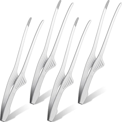 Patelai Korean and Japanese BBQ Tongs Non Slip Cooking Utensils Stainless Steel Tongs for Serving Food, Salad, Camping, Barbecue, Buffet, Oven with Support Stand(Silver,4 Pieces)