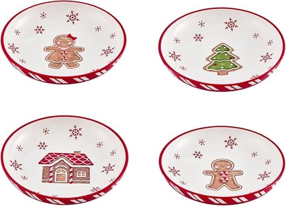 Bico Traditional Gingerbread Man Pasta Bowls, 35oz Salad Bowl Set of 4, Large Ceramic Serving Dinner Bowls for Soup and Cereal, Microwave and Dishwasher Safe, Gift for Housewarming and Holiday