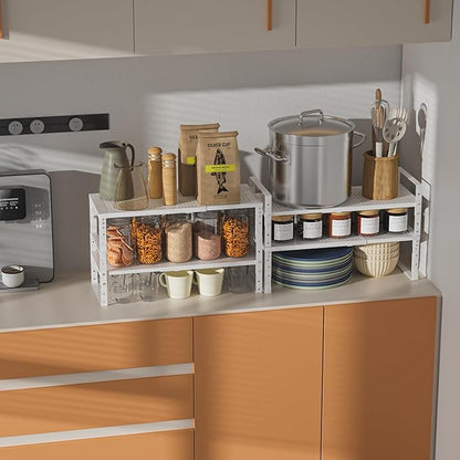 Expandable,Adjustable & Stackable Spice Rack, Cabinet Kitchen Countertop Shelf Organizer,Metal Pantry Storage Shelves - Space-Saving Storage Solution(2Packs/White/Large)