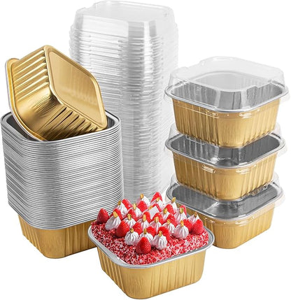 50 Pcs Mini Square Baking Cups with Lids,10oz Aluminum Foil Mini Cake Pans with Lids,Disposable Ramekins Cake Pans,300ml Dessert Cups Cupcake Pans for Wedding Birthday Party,Gold