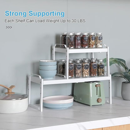 2 Pack Stackable Expandable Shelves For Kitchen Cabinet Countertop Storage, Adjustable Counter Cupboard Pantry Organizer Shelf Rack Stand, Length:25.5 Inch