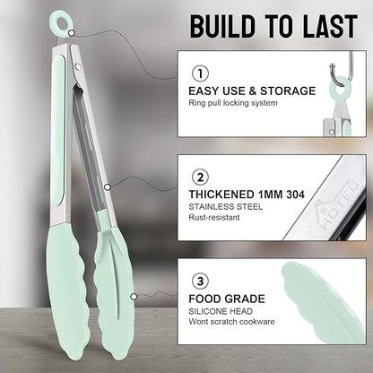 HOTEC Premium 7 & 9 Inch Kitchen Tongs, Stainless Steel Locking Cooking Tongs with Silicone Tips, Non-Scratch & Heat Resistant, Serving Tongs for Salad, BBQ, Light Green, Set of 2