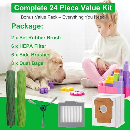24 Pcs Replacement Parts for iRobot Plus 504 Vac, for iRobot Max 705 Vac Robot Vacuum Accessories Kit, 2 Set Rubber Brush, 6 Side Brush, 6 HEPA Filters, 8 Dust Bags