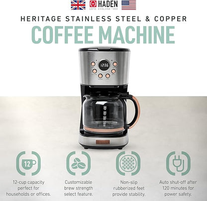 Haden Coffee Machine, 12 Cup Programmable Drip Coffee Maker with Auto Shut-Off Function and Reusable Washable Water Filter, Steel & Copper