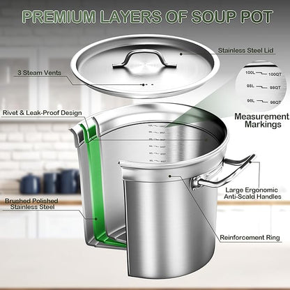 Stainless Steel Stock Pot,100 QT Large Stock Pot with Lid, Heavy Duty Tri-Ply Bottom Commercial Grade Stock Pots for Boiling Cooking Soup Stew Thick Bottom Big Stockpots, Deep Cookware