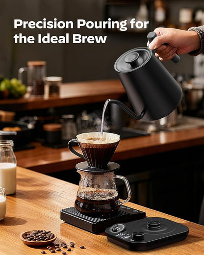 Silonn Gooseneck Kettle, Electric Kettle with ±1°F Precise Temperature Control, Pour-Over Coffee,100°C Hold for 4-Hour Warmth, LED Brew Timer and 7 Presets, 304 Stainless Steel Kettle, 1200W/0.9L