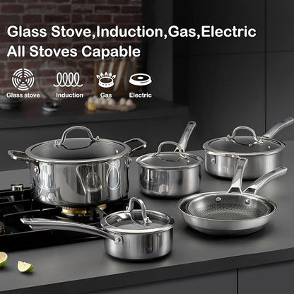 Sauce pan with lid,1.5 Quart & 2.5 Quart Hybrid Nonstick Sauce pans set, Stainless Steel cookware,non stick Pots PFOA Free,Works on Induction,Ceramic and Gas Cooktops
