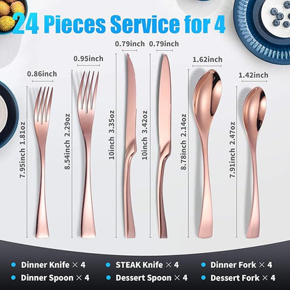 Lemeya 24-Piece Rose Gold Silverware Set with Steak Knives,Forged 18/10 Stainless Steel Cutlery Set for 4,Modern Heavy Duty Flatware Utensils Set,Forks Spoons and Knives Set,Dishwasher Safe