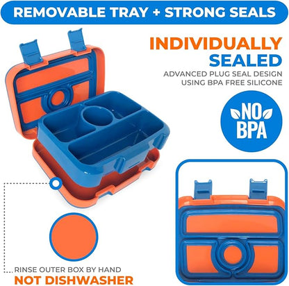 kinsho Bento Lunch Box for Kids Toddlers Boys, 5 Portion Sections Secure Lid, Microwave Safe BPA Free Removable Tray, Pre-School Kid Daycare Lunches Snack Container Ages 3 to 5, Blue Orange