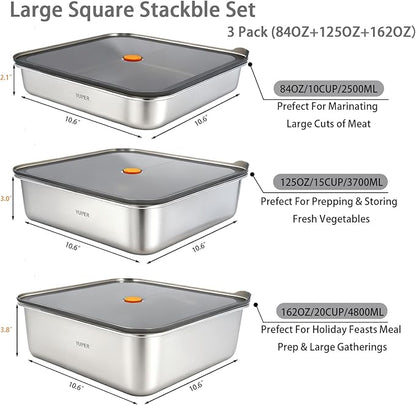 YUPER Stainless Steel Food Storage Containers, Large Meal Prep Container Sets with Lids, BPA Free, Leak Proof & Airtight, Microwave, Dishwasher, Fridge, Freezer & Oven Safe, 3 Pack (84+125+162OZ)