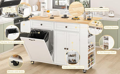 60'' Rolling Kitchen Island with Drop Leaf, Storage Islands Cart with Tilt Out Trash Can Cabinet, Rubber Wood Tabletop, Knife Holder, Wheels, White