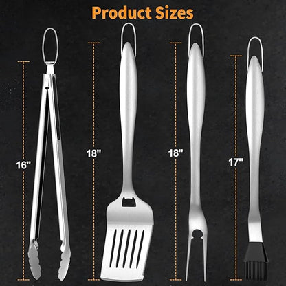 SHINESTAR Heavy Duty Grill Tools Set, Stainless Steel Grilling Accessories with Spatula, Tongs, Fork and Basting Brush, 4PCS, Ideal Grilling Gifts for Man