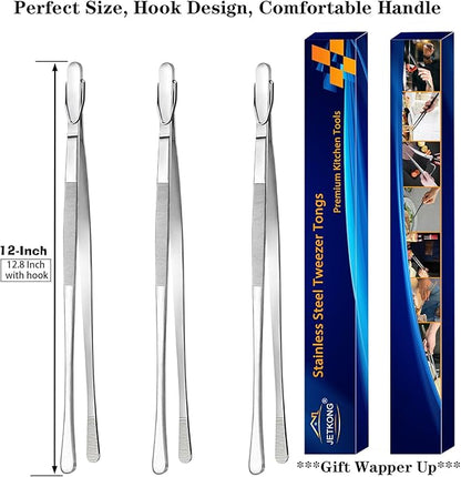 JETKONG 3 Pcs 12-Inch Cooking Tweezer Tongs Food Tweezers for Kitchen and Barbecue (12 12 12 Inch, Silver)