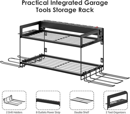 CCCEI Garage Tools Storage with Charging Station. Power Tool Battery Organizer Utility Shelf with Power Strip. 4 Drills Holder Wall Mount Rack, Black.