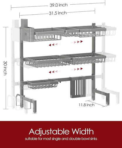 Dish Drying Rack - Over The Sink Dish Drainer Drying Rack with Utensil & Knife Holder, Hooks, Stainless Steel Kitchen Organizers and Storage Solution, 11.8" D x 31.5"~39.0''W x 30" H, Gray