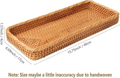 Rectangular Rattan Tray, Long Woven Tray Rectangle Tray, Flat Rattan Serving Tray for Breakfast, Drinks, Snacks(15.75''x6.69''x1.57'')