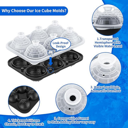 6 Chamber 2.34" 3D Death Star Ball Ice Cube Tray With Funnel,Large Round Ice Ball Molds Silicone Fun Shapes Whiskey Circle Ice Tray,For Chilling Whiskey,Cocktails,Bourbon,Brandy and Beverages