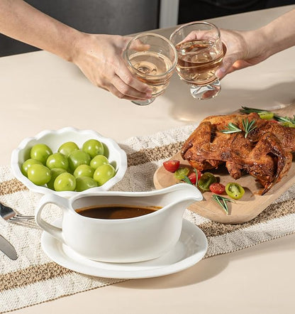 Gravy Boat with Saucer 19 oz,Ceramic Gravy Boats with Tray Set of 2, Gravy Bowl for Turkey,Dispenser with Tray for Sauces,Beef, Salad Dressing, Creamer, Broth,Microwave and Dishwasher Safe Gravy Boats