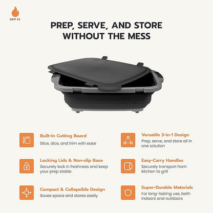 Drip EZ Collapsible BBQ Prep Tubs 3-Piece Set - For Meal Prep Marinating Food Storage - Includes Cutting Board & Lid - (1) JR + (1) OG + (1) XL - Green