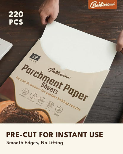 220 Pcs 12x16 In Parchment Paper Sheets, Baklicious Pre-cut Non-Stick Parchment Baking Paper for Air Fryer, Oven, Bakeware, Steaming, Cooking Bread, Cupcake, Meat, Cookies