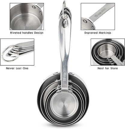 Measuring Cups Set of 5, Stainless Steel Measuring Cups Set, Kitchen Measuring Cup Set, Metal Measuring Spoons for Baking, Dry Measuring Cups, Heavy Duty Measurement Cups with 1/8 Measure Cup