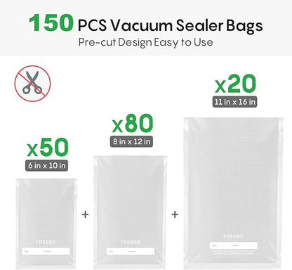 FRESKO Vacuum Sealer Bags, 150 Gallon 11" x 16" and Quart 8" x 12" and Pint 6" x 10" BPA Free PreCut Bag, Commercial Grade Food Vac Bags for Storage, Meal Prep or Sous Vide
