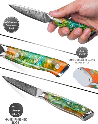 3.5 Inch Paring Knife - Kitchen Fruit Vegetable Knife Damascus Steel & Resin Handle - Xuan Series (Fantasy Orange)