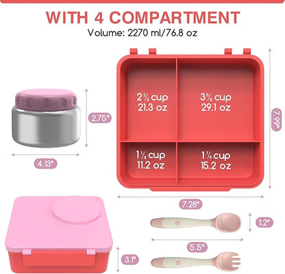 Bento Box for Kids - Leak-Proof Bento Lunch Box with Insulated Thermos Food Jar - 4 Compartments, 1 Removable Divider, 1Spoon, 1 Fork - Dishwasher Safe, BPA-Free (Pink)