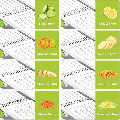Mandoline Slicer for Kitchen, Adjustable Stainless Steel Mandoline Food Slicer, Onion Potato Cucumber Tomato Carrot Vegetable Fruit Slicer, Mandolin Veggie Cutter with Food Holder, Green