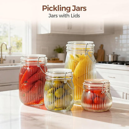 ComSaf Airtight Glass jar with lid 37oz Set of 3, Glass Storage Containers with Lids, Glass Canisters, Striped Clip Fastening Jar for Kitchen Canning, Tea, Pasta, Sugar, Beans, Cookie, Jam, Oat