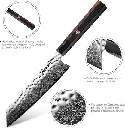 Kiritsuke Chef Knife 8 Inch, Hand-forged 67-Layer VG10 High Carbon Steel Japanese Damascus Chef Knife, Ultra Sharp Hammered Damascus Chef Knife with Octagonal Ebony Handle & Gift Box