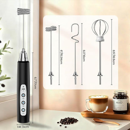 Milk Frother Handheld Rechargeable, Frother Wand Drink Mixer Electric Whisk for Coffee, Detachable With 3 Stainless Whisks, Hand Mixer for Lattes, Cappuccino, Matcha, Egg, No Stand, Black