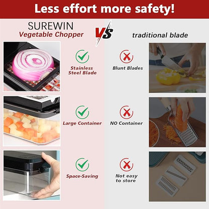 Vegetable Chopper, Onion Chopper Dicer, Mandoline Slicer, Food Chopper with Container, Vegetable Cutter for Salad Potato Carrot Garlic（2 Blades, Black）