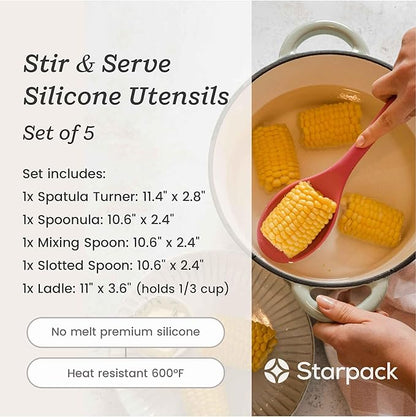 Starpack 'Stir & Serve' Silicone Cooking Utensils Set (5 Pcs) 10.5" - Kitchen Utensils Set Heat Resistant to 600°F - Kitchen Utensils for Nonstick Cookware - Silicone Utensil Set for Mixing & Cooking